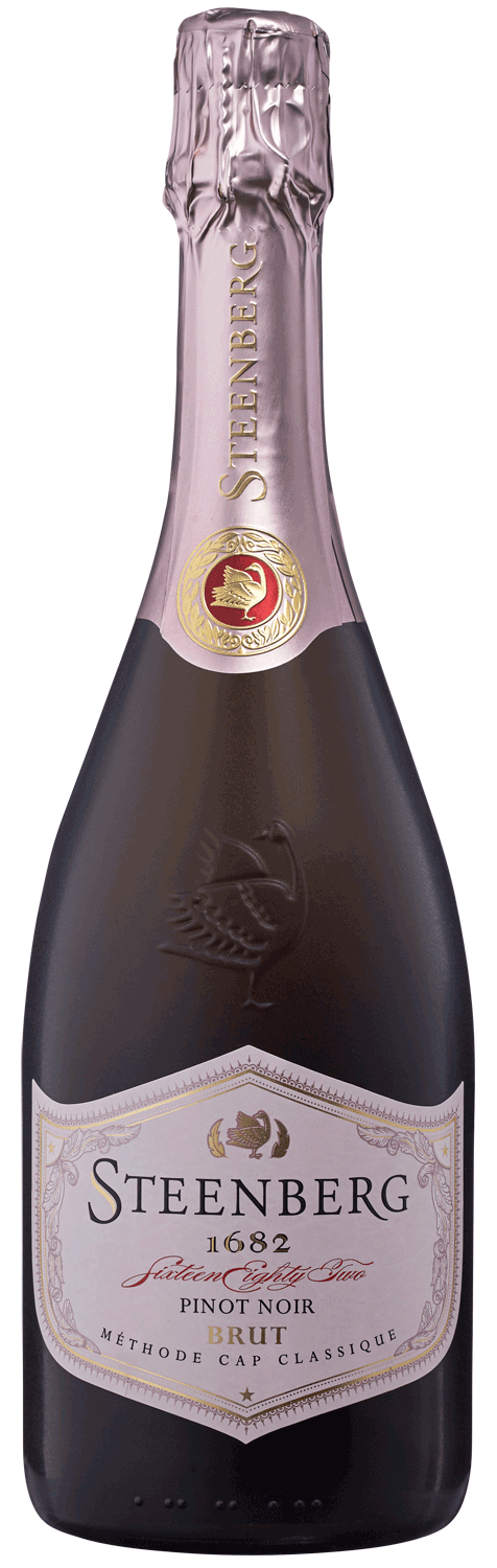 Eine Flasche Steenberg 1682 Pinot Noir Brut Sekt mit rosa und goldener Folie und einem weißen Etikett mit goldener und violetter Schrift.