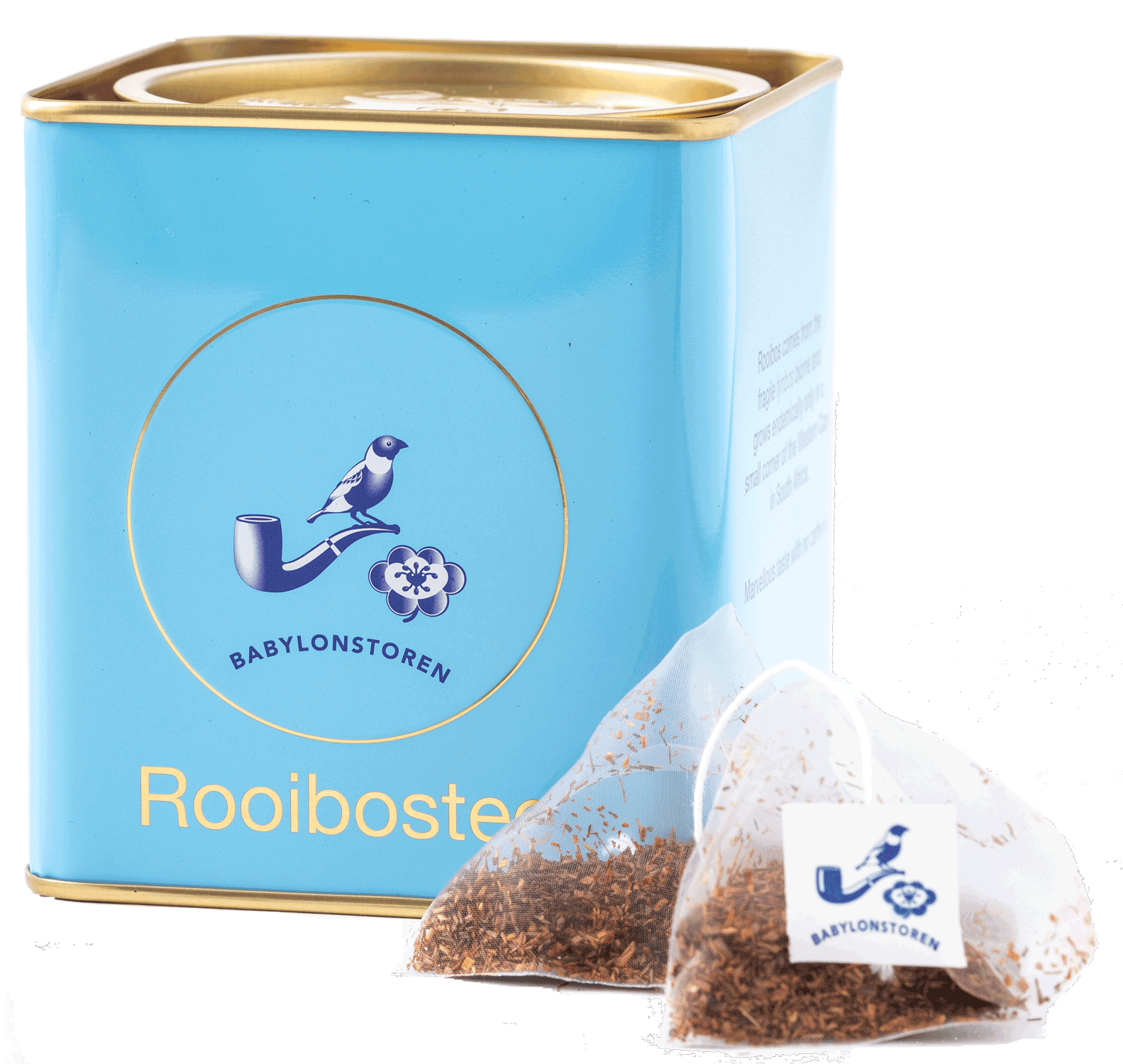 Eine blaue Babylonstoren-Dose mit der Aufschrift Rooibos-Tee mit zwei pyramidenförmigen Rooibos-Teebeuteln auf der Vorderseite, einer davon mit dem Babylonstoren-Vogellogo auf dem Etikett.