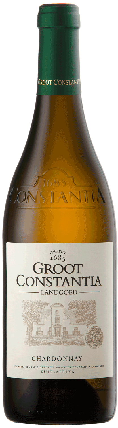 Eine Flasche Chardonnay-Wein von Groot Constantia Landgoed mit einem beigen Etikett mit der Zeichnung eines Weinguts und einem Text, der darauf hinweist, dass er aus Südafrika stammt.