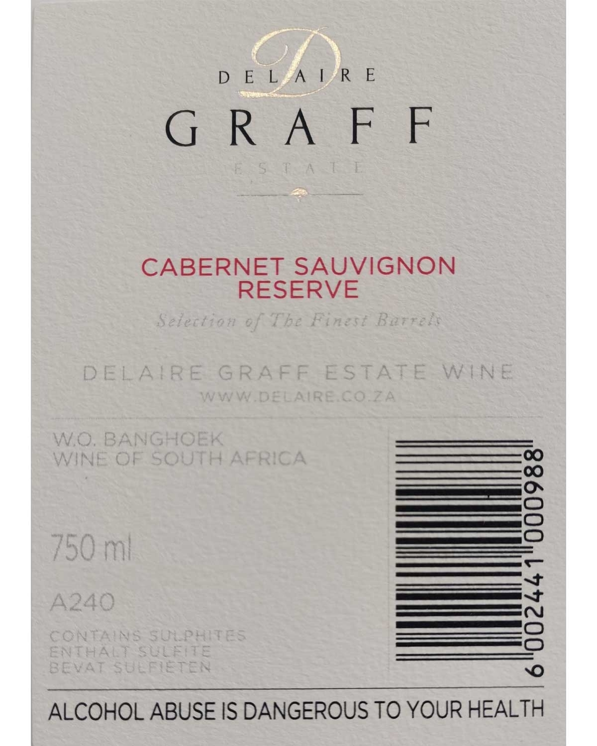 B-Stock: Delaire Graff Cabernet Sauvignon Reserve 2021