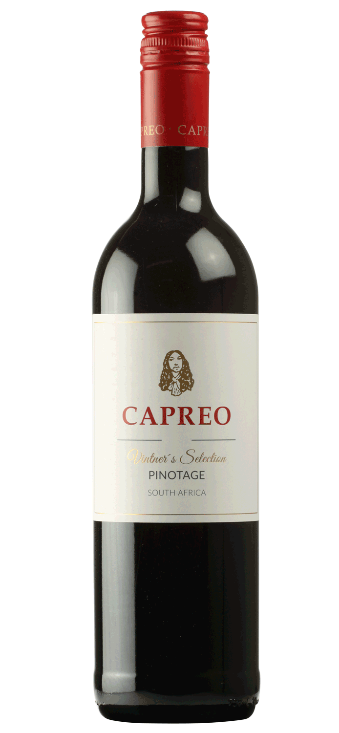 Eine Flasche Capreo Winemakers Selection Pinotage Rotwein aus Südafrika mit einem roten Verschluss und einem cremefarbenen Etikett mit goldener und roter Schrift und einer kleinen Illustration.
