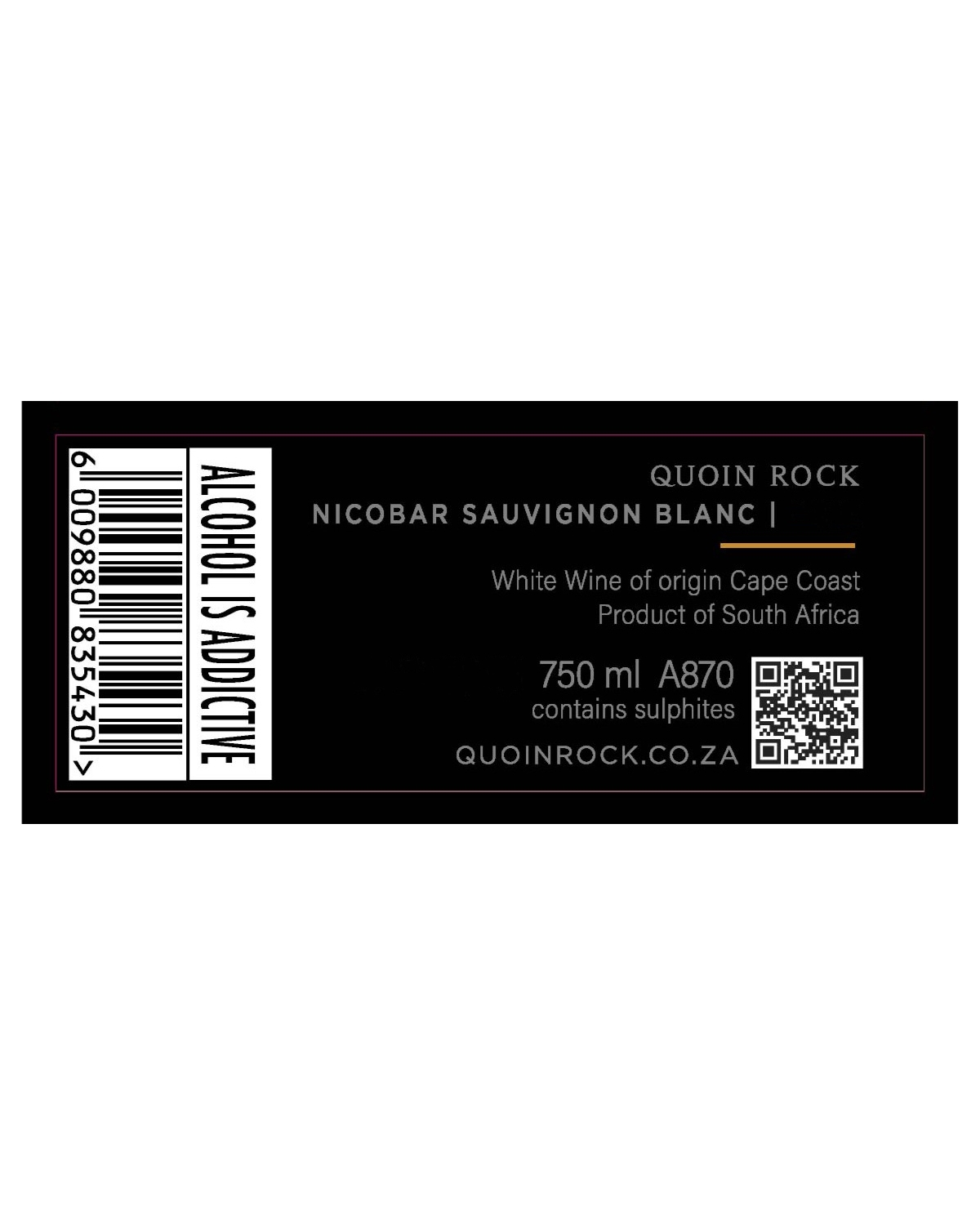 Weinflaschenetikett mit Strichcode, Warnhinweis ALCOHOL IS ADDICTIVE und Text für Quoin Rock Nicobar Sauvignon Blanc, einen Weißwein von Cape Coast, Südafrika. Enthält QR-Code, Website, "enthält Sulfite" und Flaschengröße.