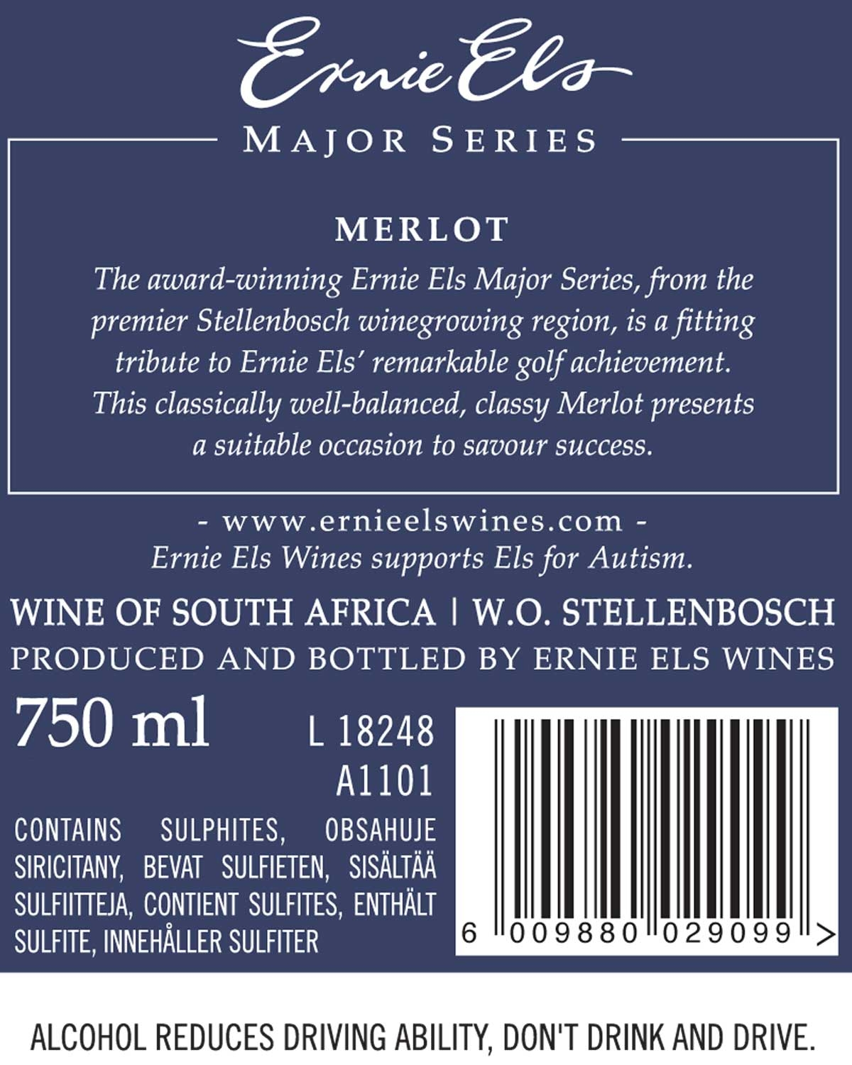 Ein blaues Weinetikett für Ernie Els Major Series Merlot mit weißem Text zur Beschreibung des Weins, der Herkunft (Stellenbosch, Südafrika), des Volumens (750 ml), des Weinherstellers, der Zutaten und einem Strichcode unten rechts.