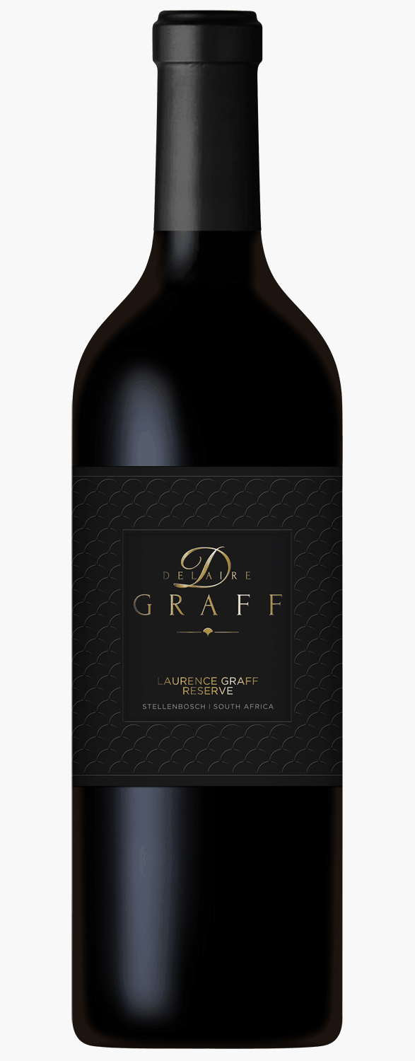 Eine Flasche Delaire Graff Laurence Graff Reserve Rotwein steht neben der passenden schwarz-golden gemusterten Schachtel aus Stellenbosch, Südafrika. Beide weisen elegante, minimalistische goldene Text- und Designelemente auf.