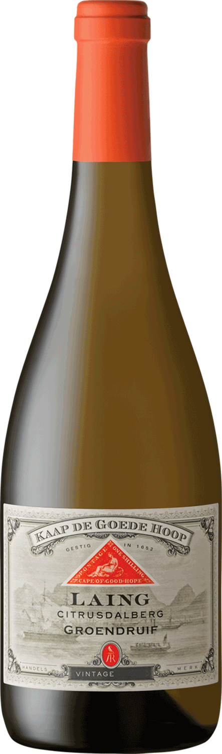 Eine Flasche Weißwein mit der Aufschrift Kaap de Goede Hoop, die auf dem Vorderetikett mit einer Grafik im Vintage-Stil und dem Text Chasting Citrusdalberg Groendruif versehen ist. Die Flasche hat eine orangefarbene Folienkapsel.