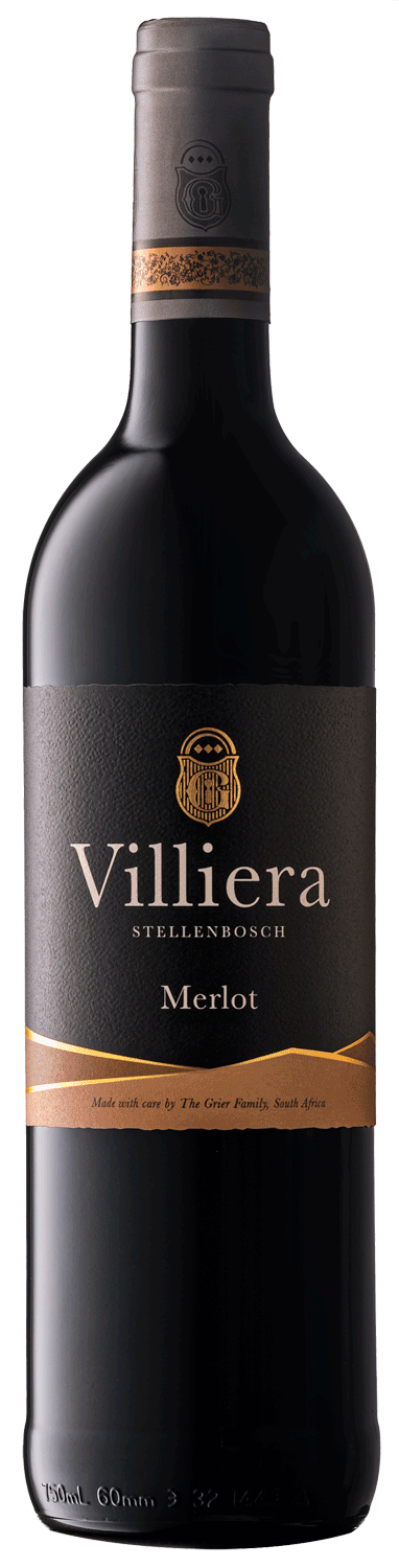Eine Flasche Villiera Merlot Wein mit einem schwarz-goldenen Etikett, auf dem der Markenname, die Rebsorte und die Herkunft Stellenbosch, Südafrika, angegeben sind. Die Flasche hat ein dunkles Glas und eine schwarze Kappe.