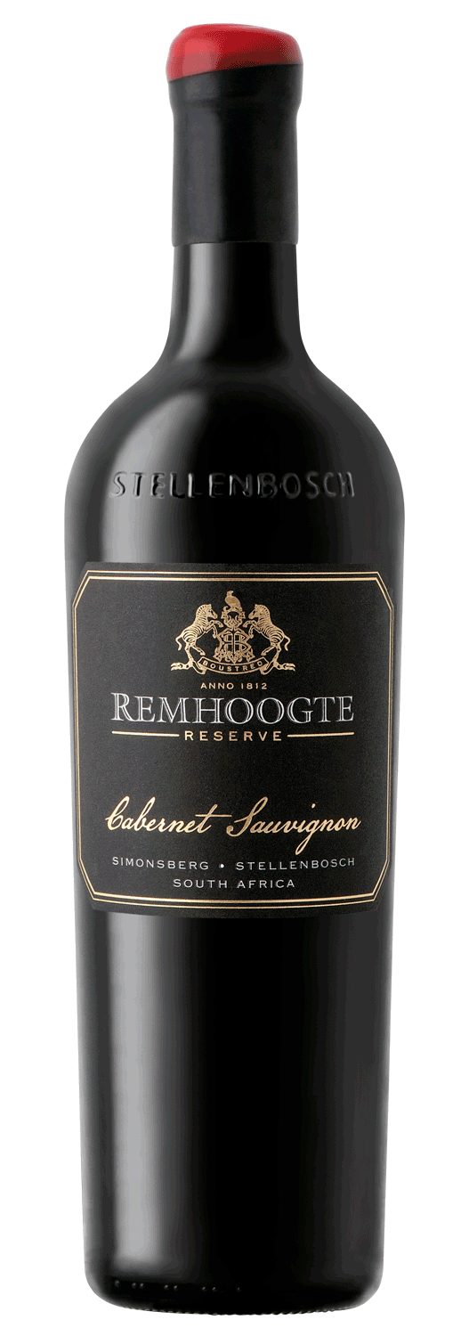 Eine Flasche Remhoogte Reserve Cabernet Sauvignon aus Simonsberg, Stellenbosch, Südafrika, mit einem schwarzen Etikett mit goldenen Akzenten und einem roten Korken.