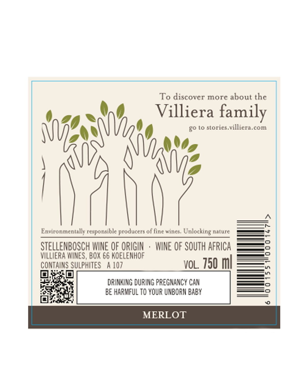 Weinetikett mit illustrierten Händen, die sich inmitten von Blättern nach oben strecken. Der Text umfasst "Familie Villiera", Angaben zur Herkunft des Weins, QR-Code, Barcode und Gesundheitswarnung: Alkoholkonsum während der Schwangerschaft kann für d